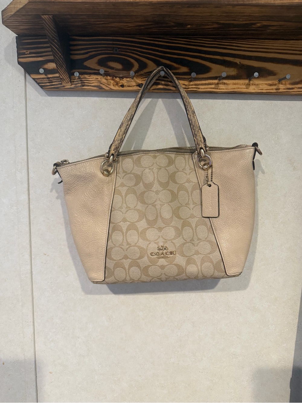 Coach Signature Canvas Shoulder Bag in Beige and Tan